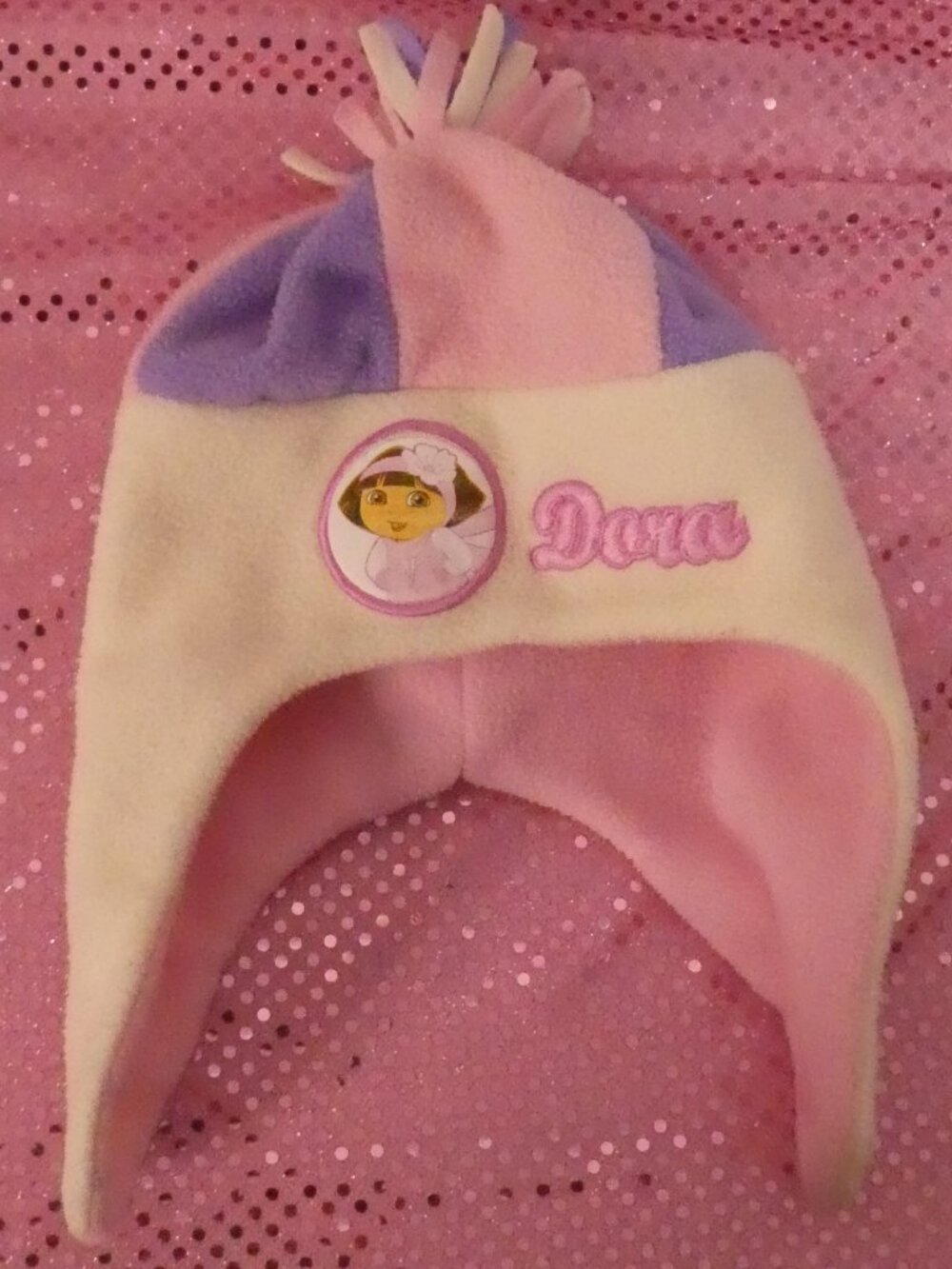 Vintage NICKELODEON Dora the Explorer Pink Fleece Winter Hat Earflaps Beanie